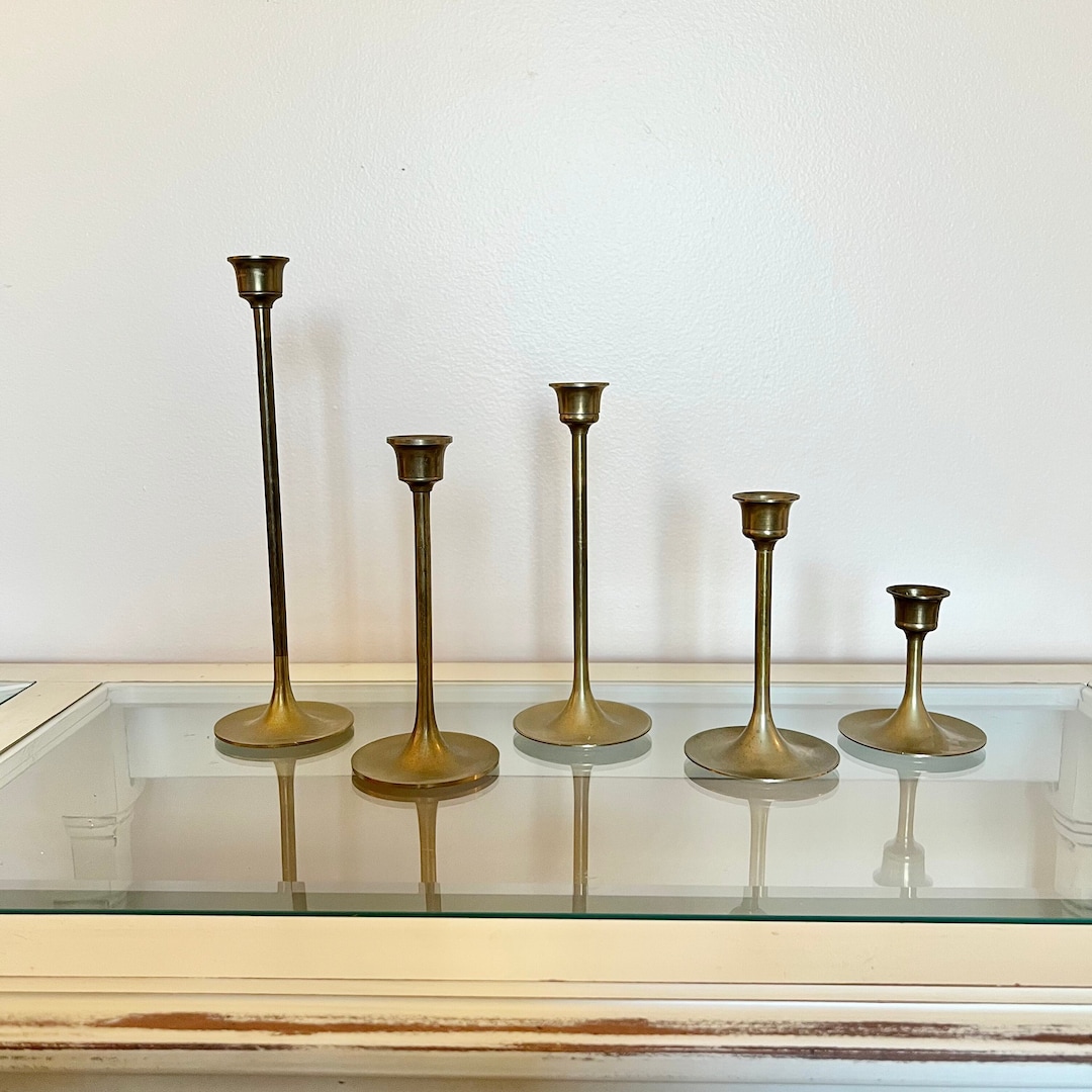 Vintage Brass Tulip Candlesticks, MCM Set of 5 Graduated Brass