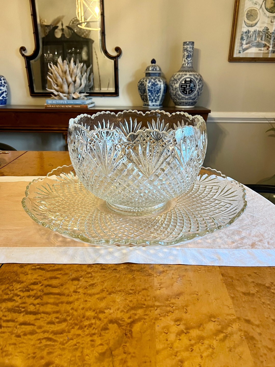 Antique LE Smith Glass Pineapple Punch Bowl With Torte Underplate