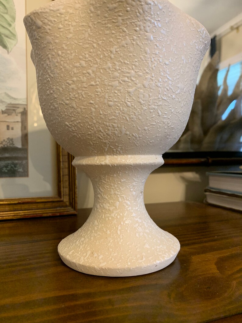 Retro White Stucco Compote Vase, Spatter Pottery Pedestal Vase With Ruffled Rim image 2