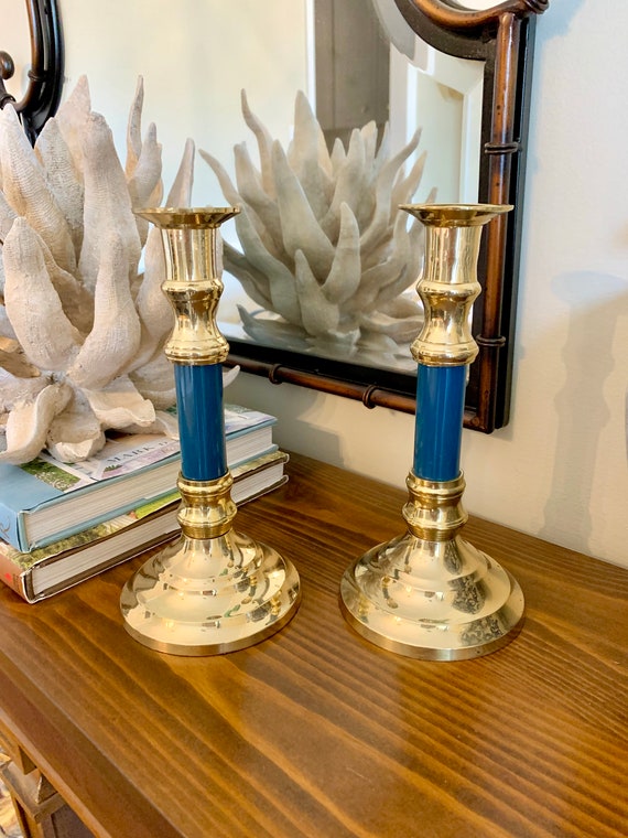 Vintage Brass Candlestick Holders, Blue Enamel Brass Candlesticks -   Canada