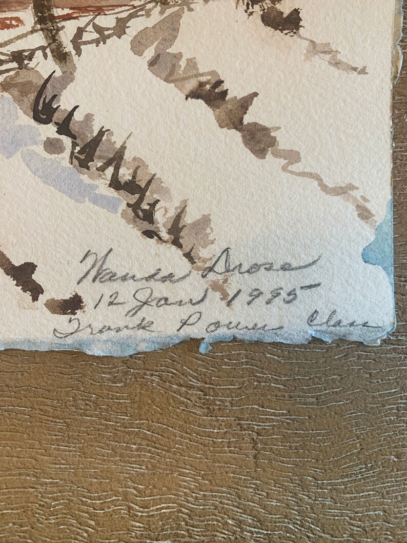 May include: Watercolor painting of a winter landscape in shades of brown, gray, and white. The artwork is signed "Nanda Drose" and dated "12 Jan 1955". The title "Drave Louise Class" is also included. The paper has a torn edge.