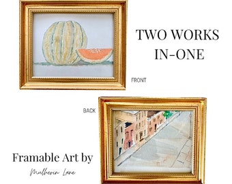 Vintage Watercolor Paintings, Two-Sided Artwork, Melon Painting and Parisian Street Scene Artwork, Unframed