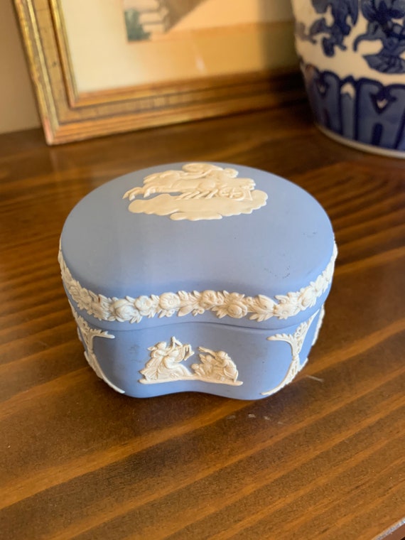 Wedgwood Blue Jasperware Lidded Trinket Box, Kidney S… Gem