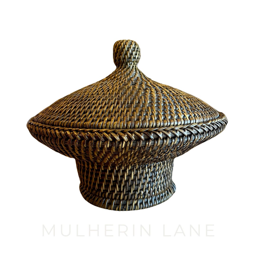 Vintage Woven Rattan Split Reed Basket With Lid, Large Unique Shape ...