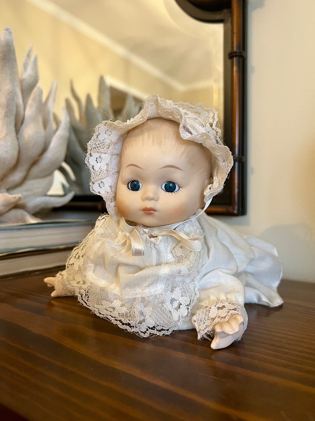 Vintage Blue Eyed Bisque Porcelain Baby Doll in Christening Gown, Soft