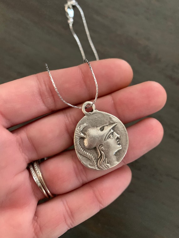 Silver Greek Coin Necklace, Silver Intaglio Penda… - image 3