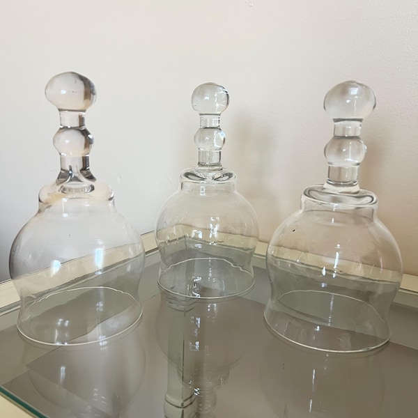 Mini campanas de cristal vintage, juego de 3 cúpulas de cristal soplado para exhibición