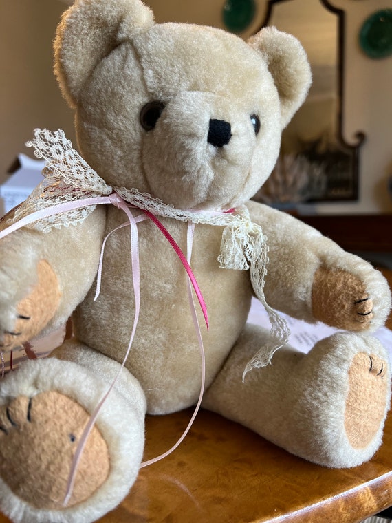 vintage teddy bear with lace ribbon Vintage jointed bear dressed