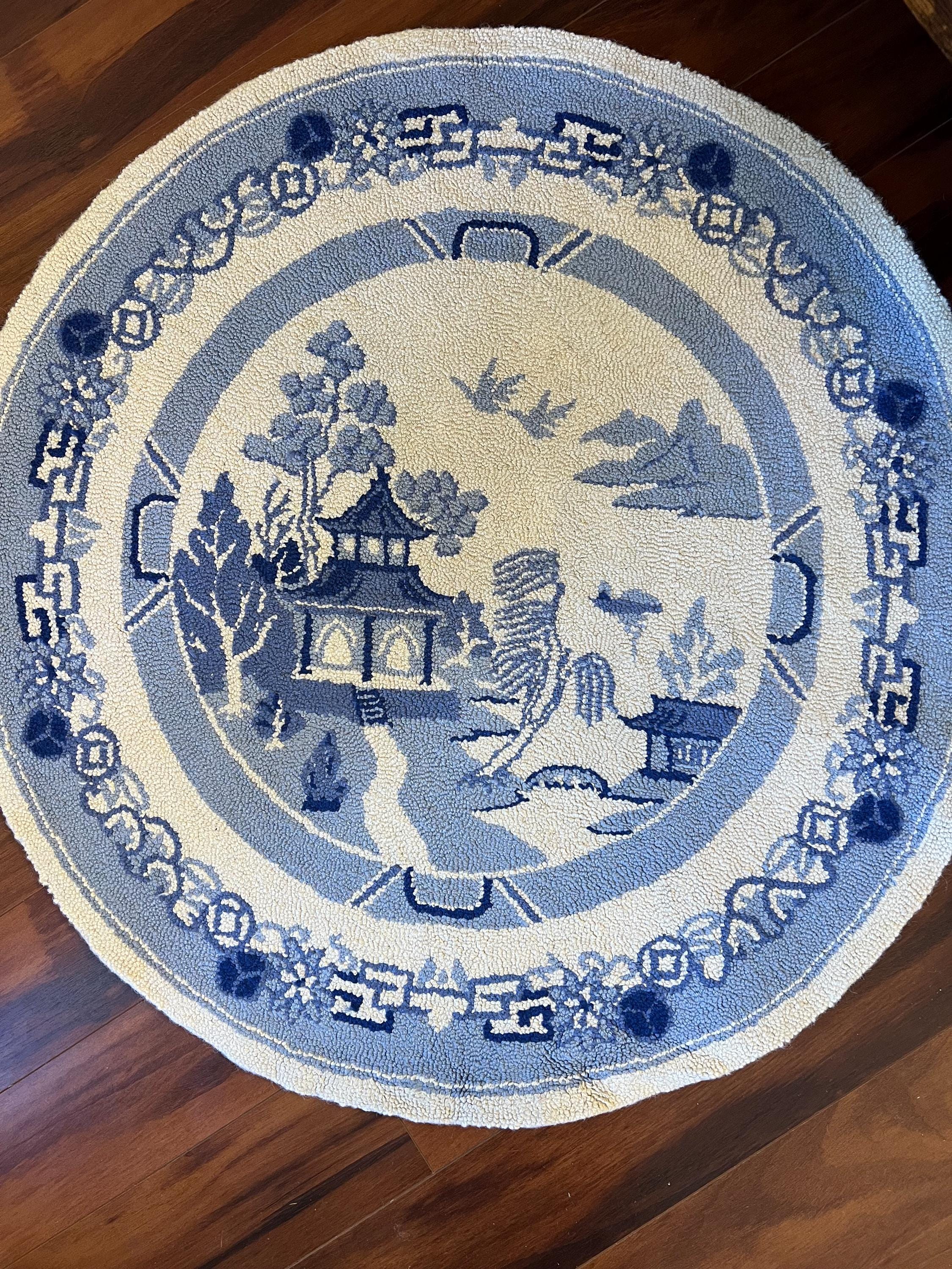 Vintage Round Blue Willow Pagoda Pattern Handwoven Wool Rug 3x3 ...