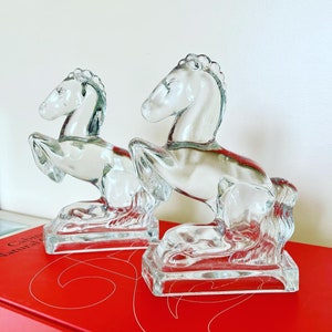 Clear Glass Horse Bookends, Vintage 1940’s LE Smith Glass Rearing Horse Sculptures