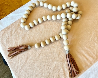 Perles de décoration intérieure en bois avec glands en cuir, guirlande de perles en bois, accessoire photo