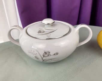 Vintage Dinnerware, Creative Fine China Royal Elegance Sugar Bowl Covered Gray Flowers Silver Trim Made In Japan Replacement Fine Dining