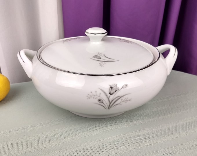 Vintage Dinnerware, Creative, Royal Elegance, Soup Tureen, Handled, Covered Serving Dish, Gray Flower On White Pattern