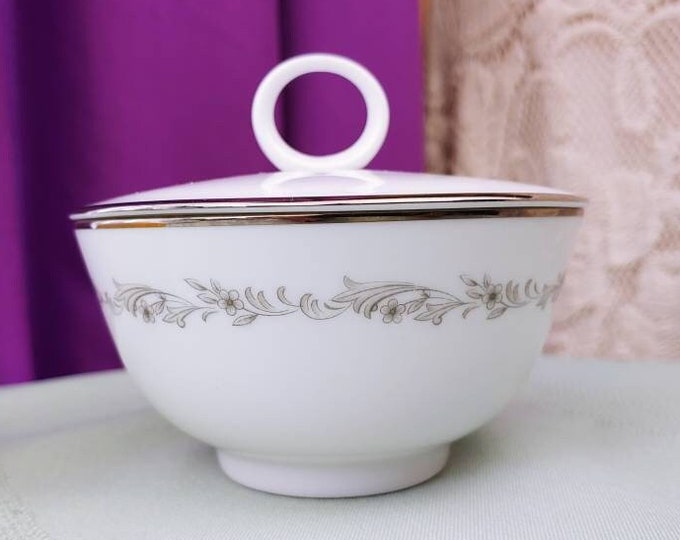 Noritake Sugar Bowl Olivia 6987 Rare Vintage Fine China Gray Floral Scroll White Porcelain Dinnerware