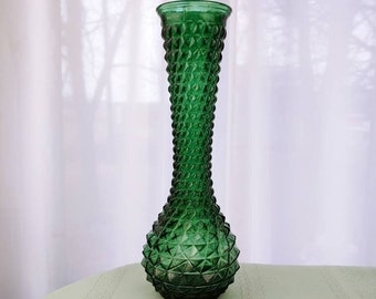 Green Empoli Vase Dark Green Glass Diamond Cut 12 Inch Castleton Green Vintage Collectable