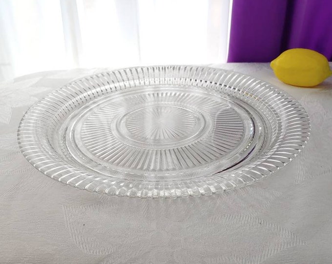 Classic Round Glass Starburst Platter Clear Striated Lipped Pressed Mid Century Formal Dining And Serving