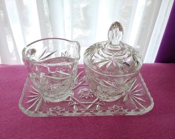 Anchor Hocking American Prescut Complete Star Of David Creamer And Covered Sugar Set With Tray Mid Century Clear Pressed Glass