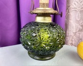 Fenton Green Daisy And Button Oil Lamp Base Cabin Camping Cottage Decor Olive Green
