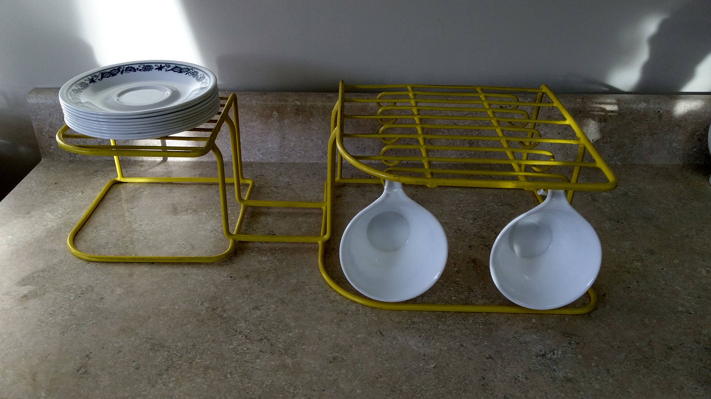 Yellow Rubber Coated Mid Century Cupboard Dish Rack Retro Pantry