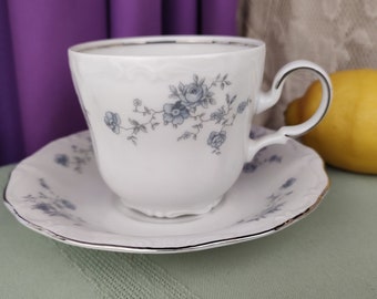 Vintage Tea Cup Johann Haviland Blue Garland Flower Rose Tea Cup ~ Set Of 2 ~ Silver Trim ~ Bavarian Back Stamp Replacements Mismatched