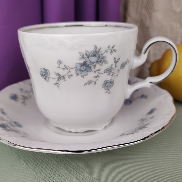 Vintage Tea Cup Johann Haviland Blue Garland Flower Rose Tea Cup ~ Set Of 2 ~ Silver Trim ~ Bavarian Back Stamp Replacements Mismatched