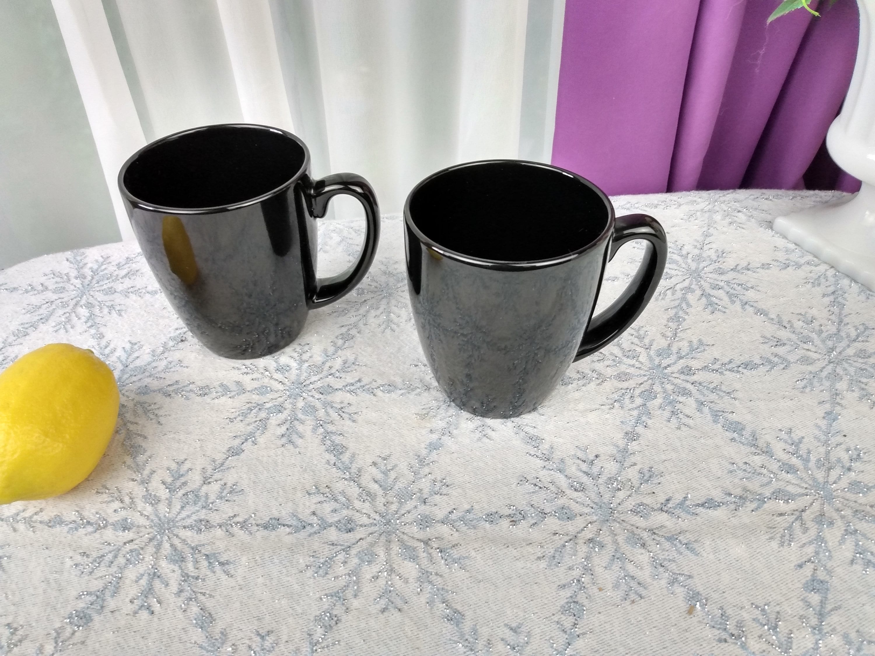 Vintage Corelle Black Stoneware 10 Oz. Mugs Set of 2 Ceramic Corelle