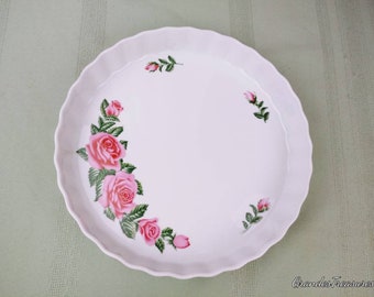 Vintage Bakeware, Christine Holme Pink Roses Stoneware Quiche Dish Pie Tart Pan Bake Dish Porcelain Baking Dish Fluted Edge ChristineHolm