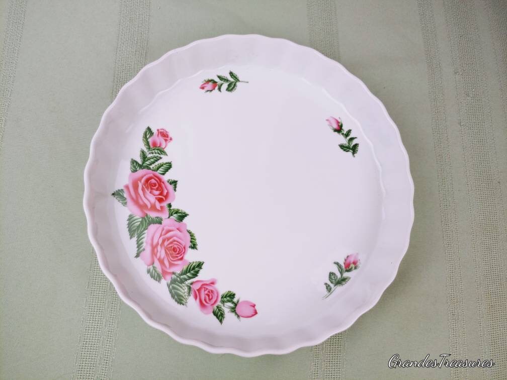 Christine Holme Pink Roses Stoneware Quiche Dish Pie Tart Pan Bake Dish