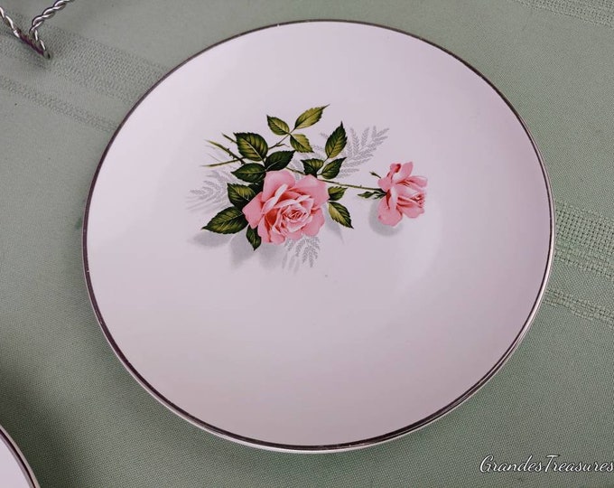 Summer Rose Taylor Smith Taylor Bread Plate Set Of 2 Mid Century Shabby Chic Country Cottage Pink Roses Gray Green Platinum Trim