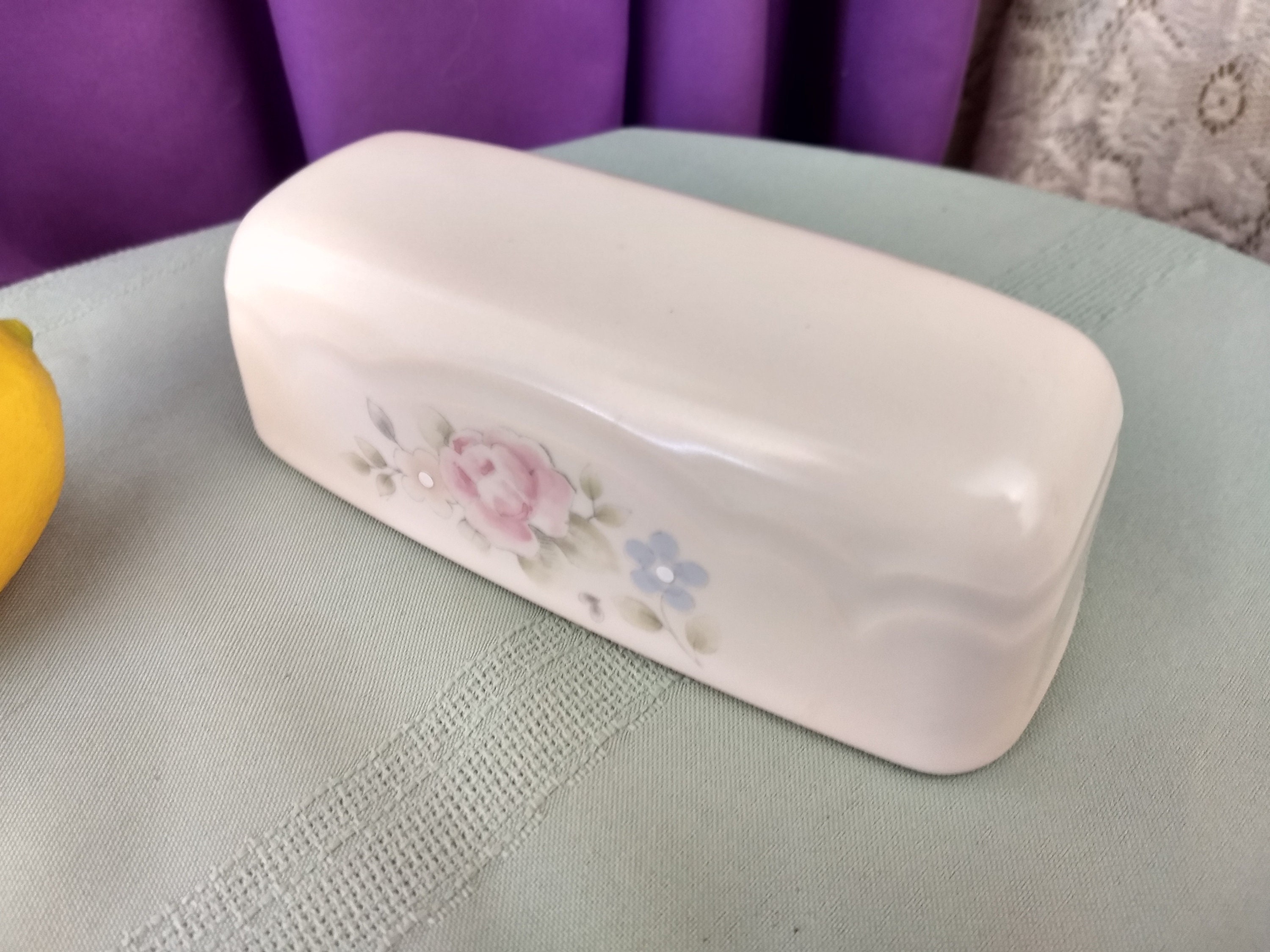 Pfalzgraff Tea Rose Butter Dish Cover Stoneware Pink Ande Blue Flowers