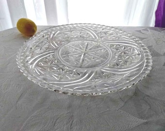 Anchor Hocking vintage, étoiles et barres en verre pressé, grand plat transparent de 30 cm (12 po.) en production de 1924 à 1965, portion de mariage à faire soi-même