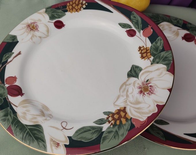 Vintage Dinnerware Teinshan Fine China Dinner Plates  Magnolia Set of 2  Maroon Brown Green White Tan