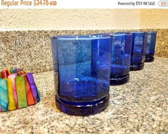 Anchor Hocking Cobalt Blue Essex 10 Paneled Heavy Low Ball Glasses Set Of 4 ~ 10 Sided Deep Dark Blue Drinkware Old Fashioned Gorgeous!