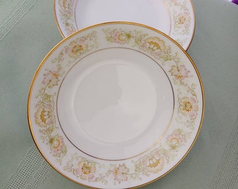 May Garden Berry Bowls By Noritake # 2355 Set Of 2 ~ Peach Yellow Pink Green Floral On White Gold Trim Fine China