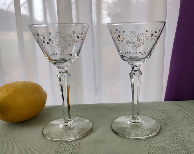 Vintage Barware, Libbey, Chanticleer Rooster Martini Glasses, Mid Century Barware Set Of 2 Vintage Cocktail Conversation Piece