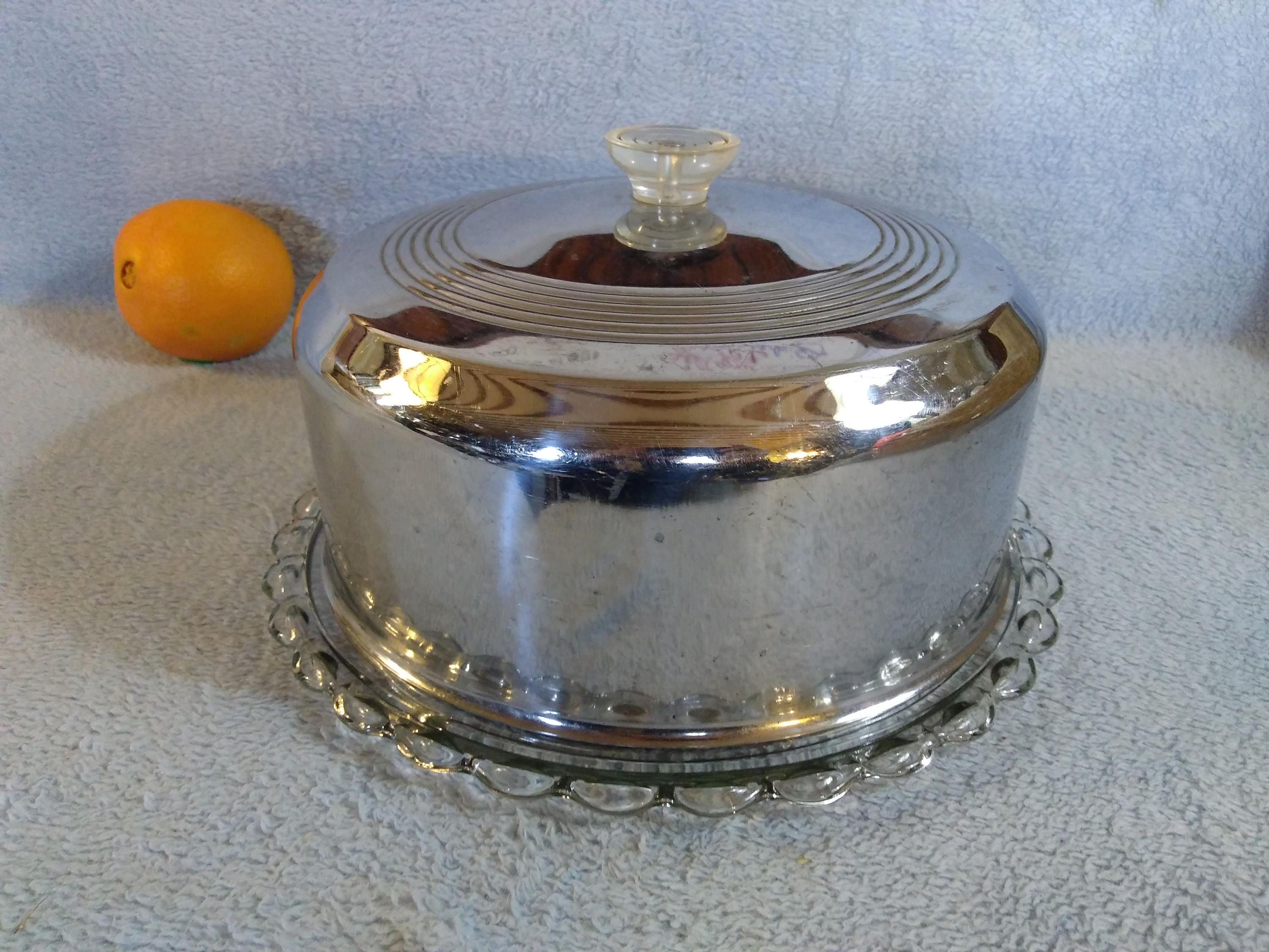 Vintage Mid Century Cake Keeper With Glass Footed Plate Stainless Steel