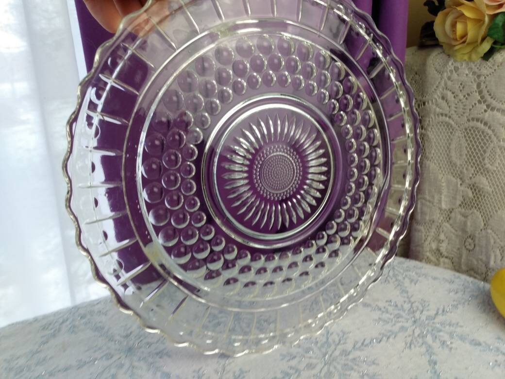 Federal Glass 2889 Clear Pattern Footed Cake Plate Sunflower Bubbles