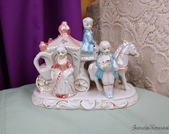 Porcelain Victorian Horse Drawn Carriage Pink Blue Lustreware Ceramic Figurine Cinderella Prince Charming Pearlized Figurine