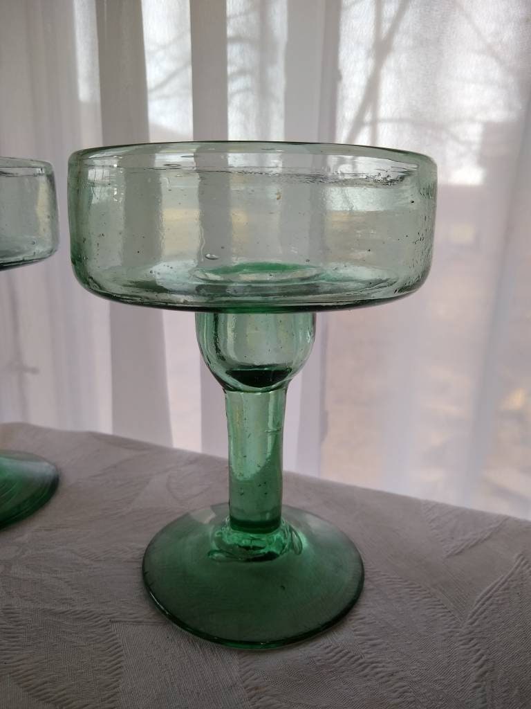 Vintage Hand Blown Margarita Glass Set Of Four Greeen Mexican