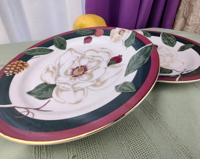 Vintage Dinnerware Teinshan Fine China Salad Plates Magnolia Set of 2  Maroon Brown Green White Tan