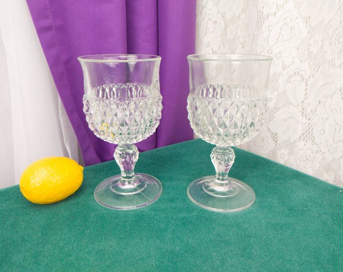 Diamond Point Clear Water Goblets By Indiana Glass Co. Set Of 2 Drinkware Mad Men MCM Drinkware Heavy Glasses Vintage Replacements