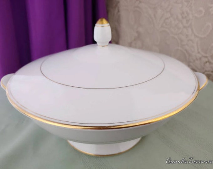 Vintage Dinnerware, Lance By Sango Vegetable Serving Dish Covered Gold Trim On White Platinum Porcelain Fine China Bone Replacement