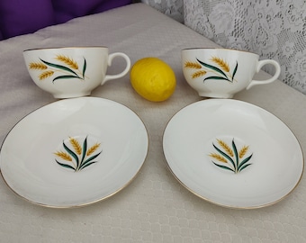 Vintage Dinnerware, Homer Laughlin, Royal Harvest Yellow Green Wheat, Tea Cup And Saucer, Set Of 2, Mid Century USA Dinnerware