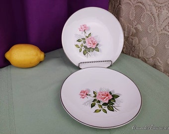 Summer Rose Taylor Smith Taylor Bread Plate Pink Roses Mid Century Shabby Chic Country Cottage Gray Green Platinum Trim