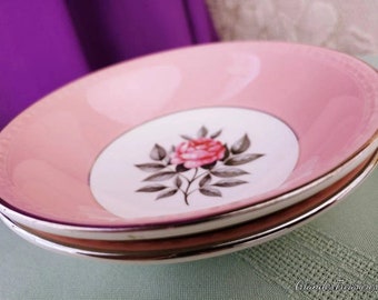 Vintage Dinnerware, Cunningham & Pickett Norway Rose Vintage Berry Bowls Set Of 2 Dessert Bowls Pink Rose Center Gray Leaves Pink Border