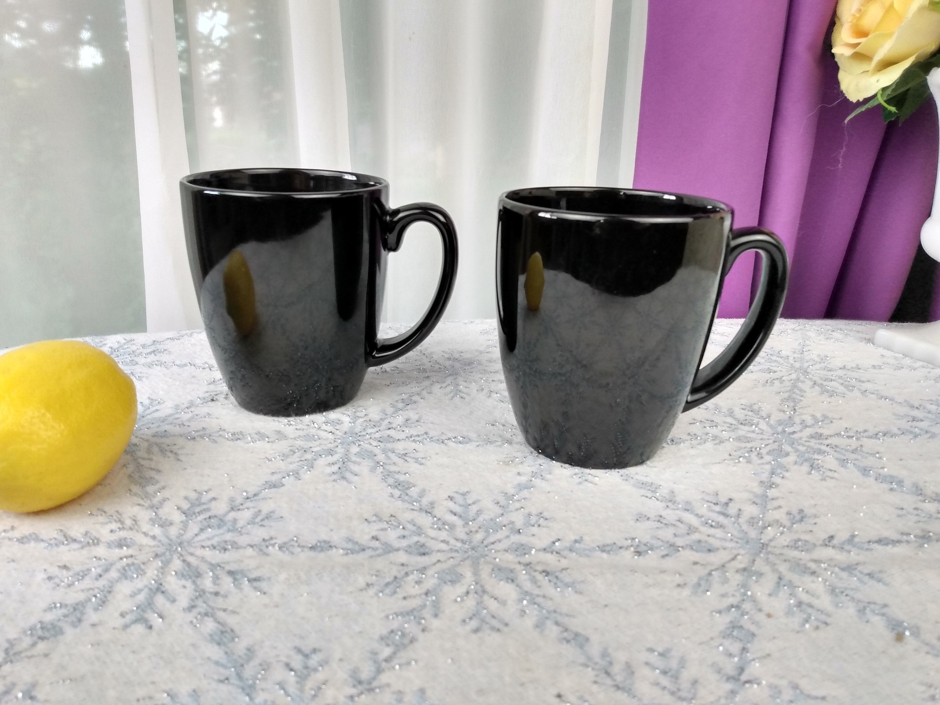Vintage Corelle Black Stoneware 10 Oz. Mugs Set of 2 Ceramic Corelle
