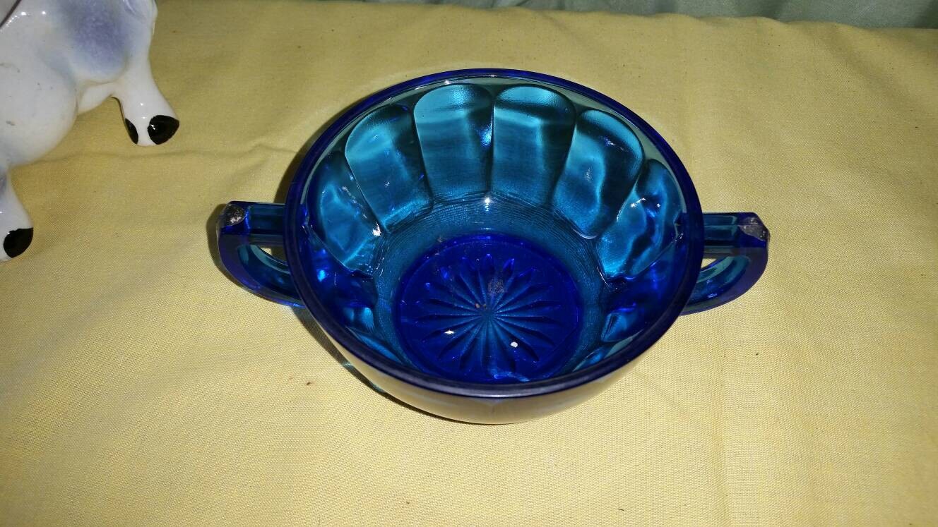 Paneled Cobalt Blue Glass Sugar Bowl Vintage Grande's Treasures
