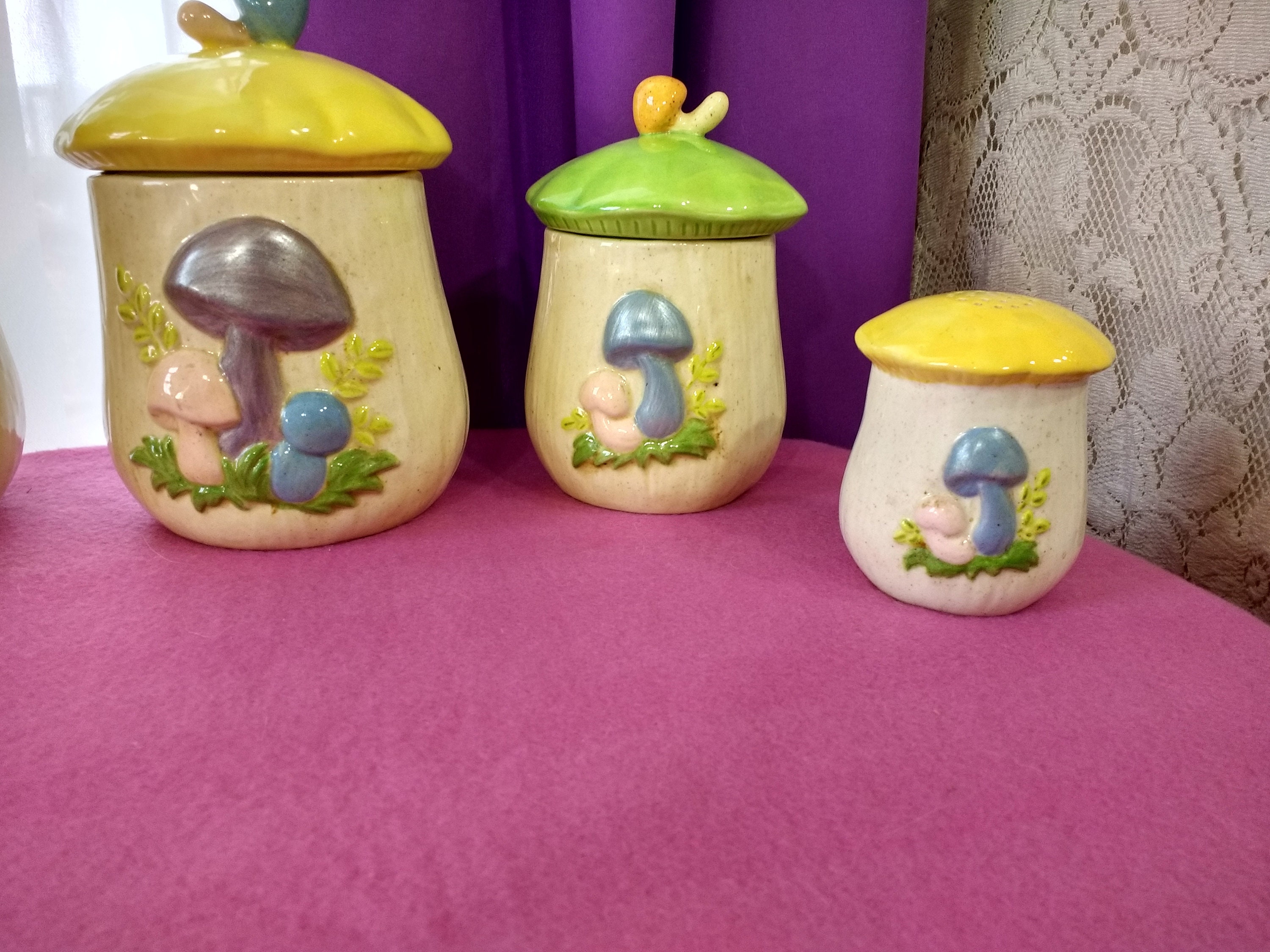 Mushroom Canister Set (4) With Salt & Pepper Shaker RARE Pastel Colors