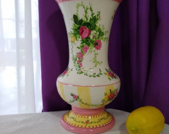 Vintage Ceramic Vase, Laura Ashley FTD Vase Yellow Pink Flowers 9 inch Ceramic Floral Country Cottage Decor