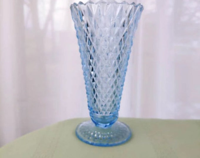 Indiana Light Ice Blue Diamond Point Glass Footed Vase